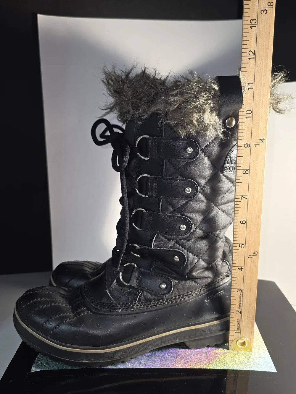 Sorel Tofina II Black Stone Waterproof Faux-Fur Trim Lace-Up Winter Boots Sz 7.5